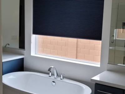 Cellular shade in a bathroom - blue